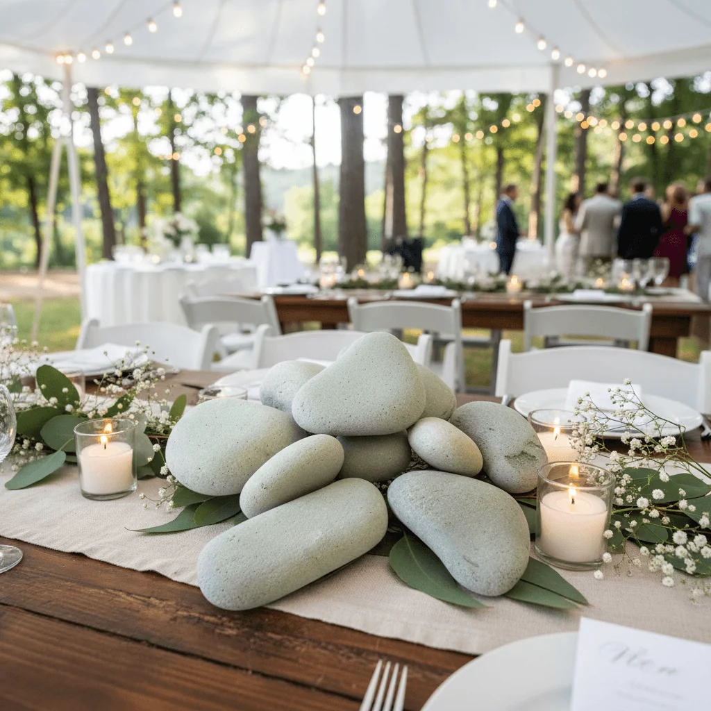 Large pale grey pebbles arranged with eucalyptus leaves and candles as a centrepiece on an outdoor event table