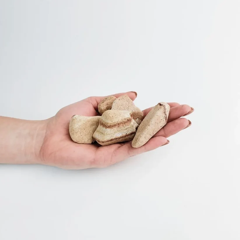 Layered beige and tan rainbow sandstone pieces held in a hand